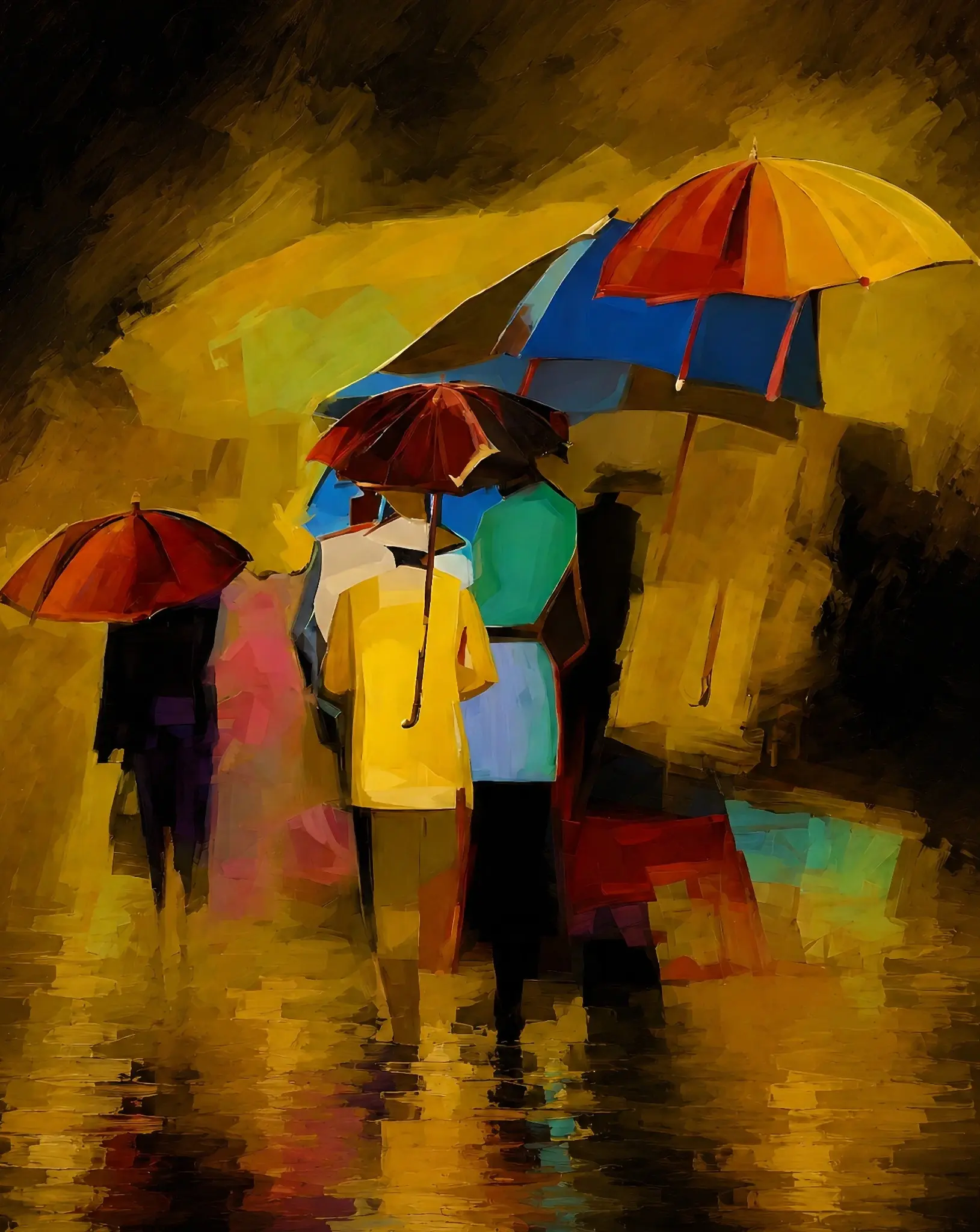 Rain in Paris by Chris Thompkins, an expressive painting of figures gathered beneath colorful umbrellas reflected in a rain-soaked street.