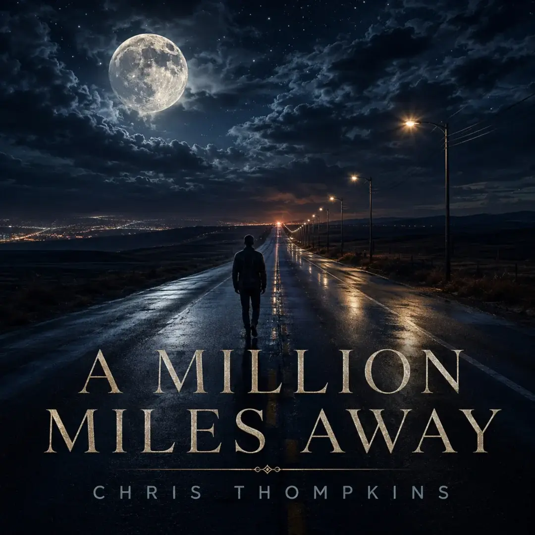 A Million Miles Away by Chris Thompkins. A moonlit coastal road.